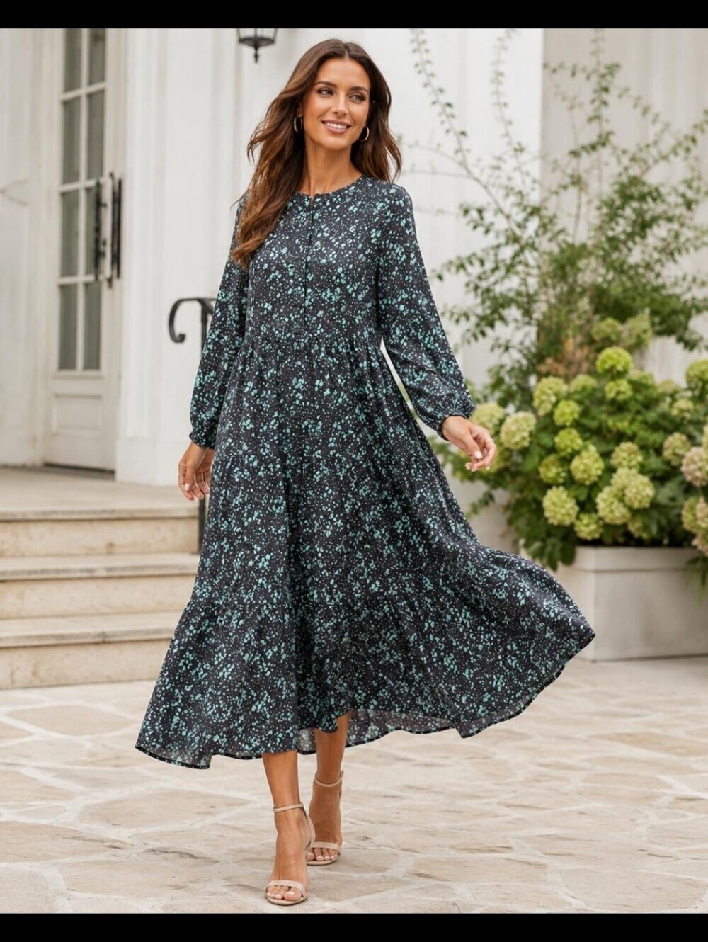 Long-Sleeve Tiered Maxi Dress in Black and Mint - Women's